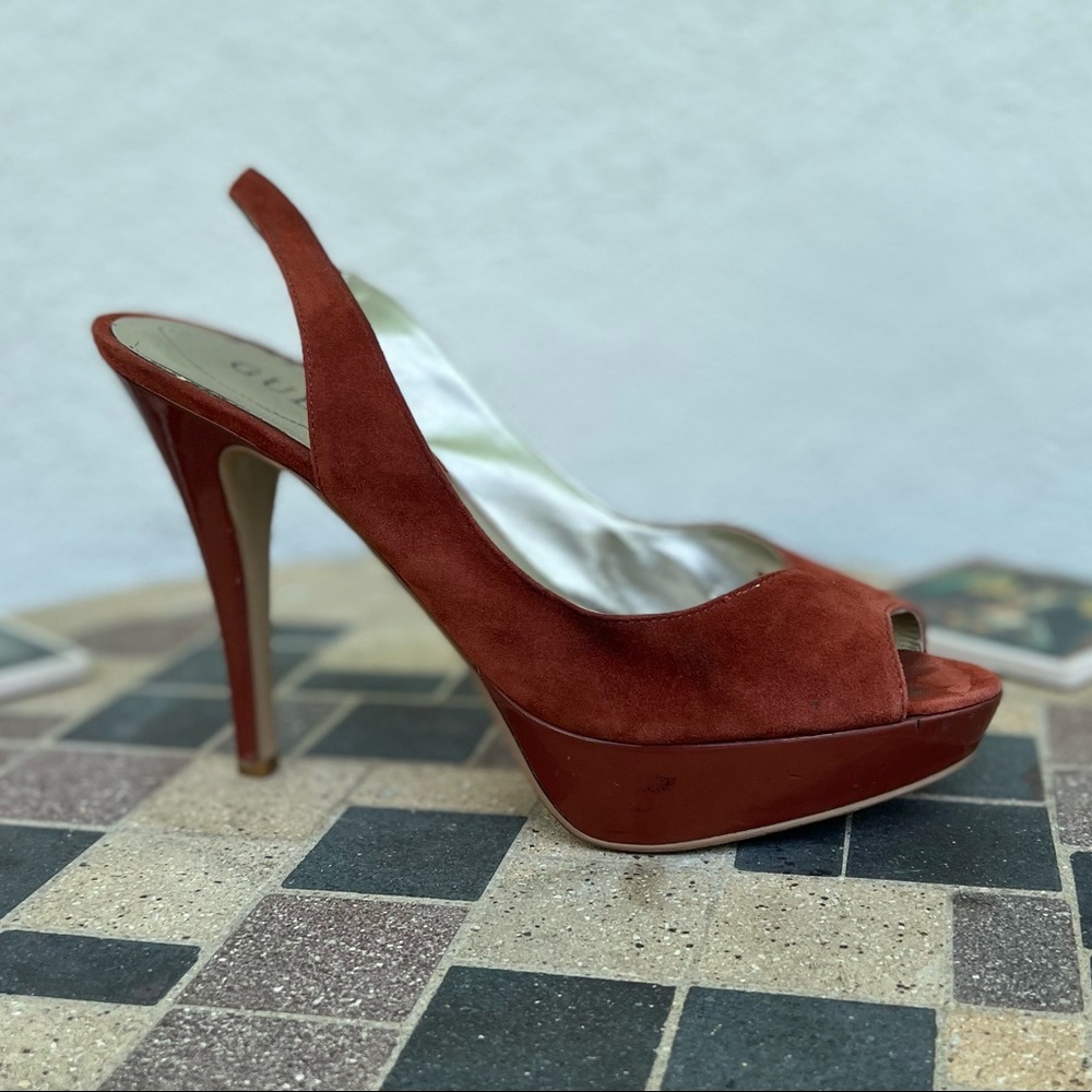 Guess Brown Suede Peep Toe Sling Back Stilettos Size 8.5